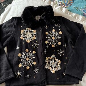 Tiara International Christmas Snowflake Cardigan Sweater Girls Sz 16 Fur Collar